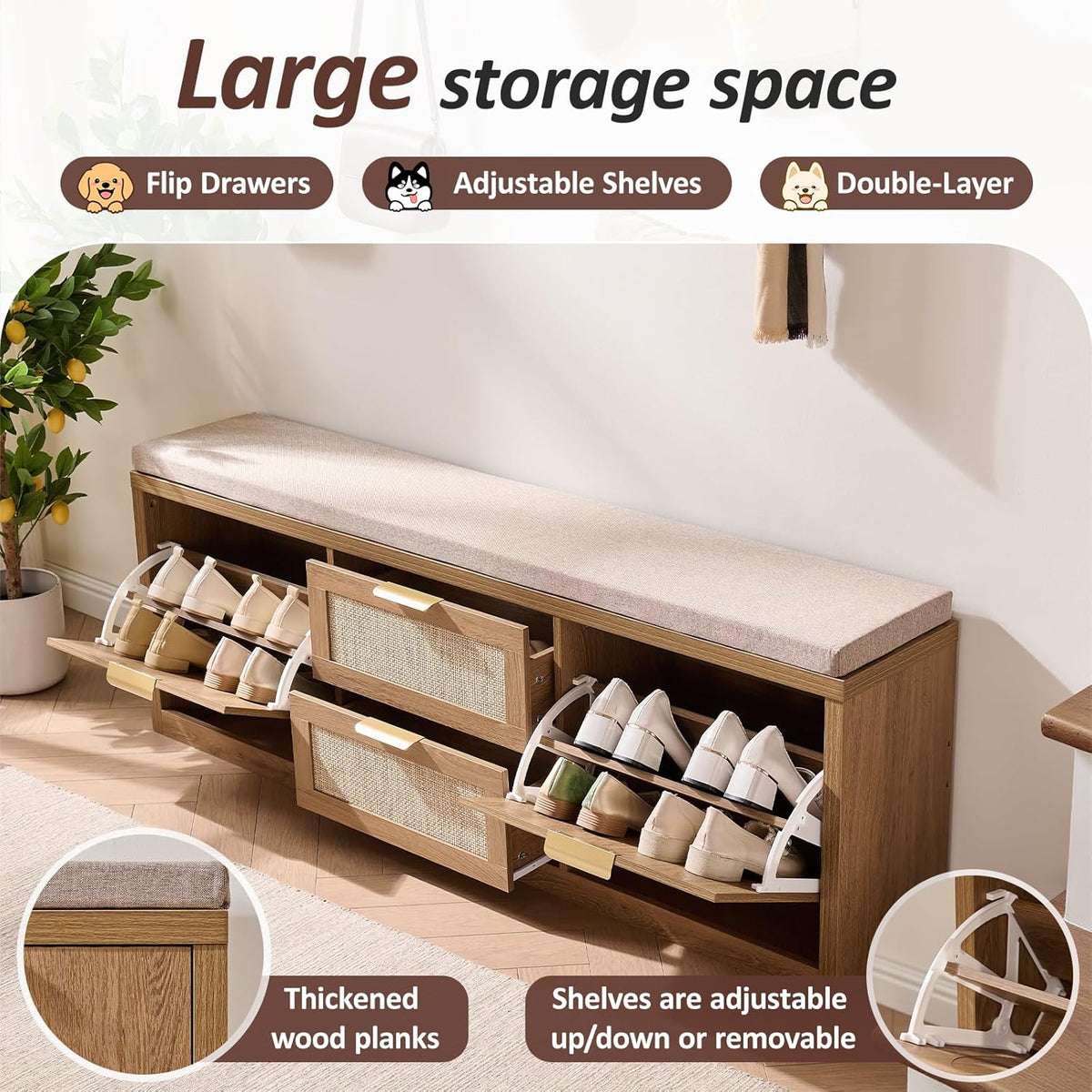 Rattan Narrow Entryway Bench with Shoe Storage, 4 Drawers & Coat Rack, Mid-Century Modern Wood Shoe Cabinet with Seat Cushion for Foyer/Hallway (Rustic Oak Rattan)