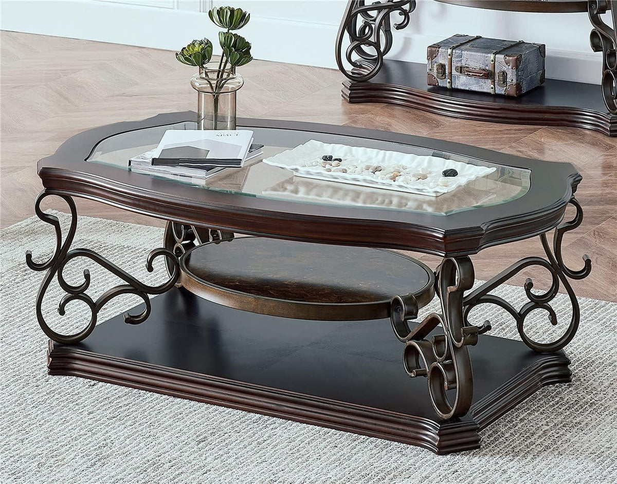 Henf 3 Piece Living Room Table Set, Retro Brown Coffee Table with 2 End Table, Coffee Table Set with Glass Top and Metal Frame for Home Office