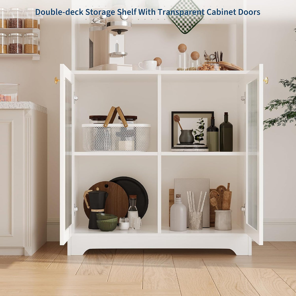 71" Tall Pantry Cabinet with 2 Glass Doors, Freestanding Kitchen Storage Cabinet with Open Storage & Adjustable Shelves, Modern Farmhouse Cupboard Coffee Bar for Dining Room, Living Room, White