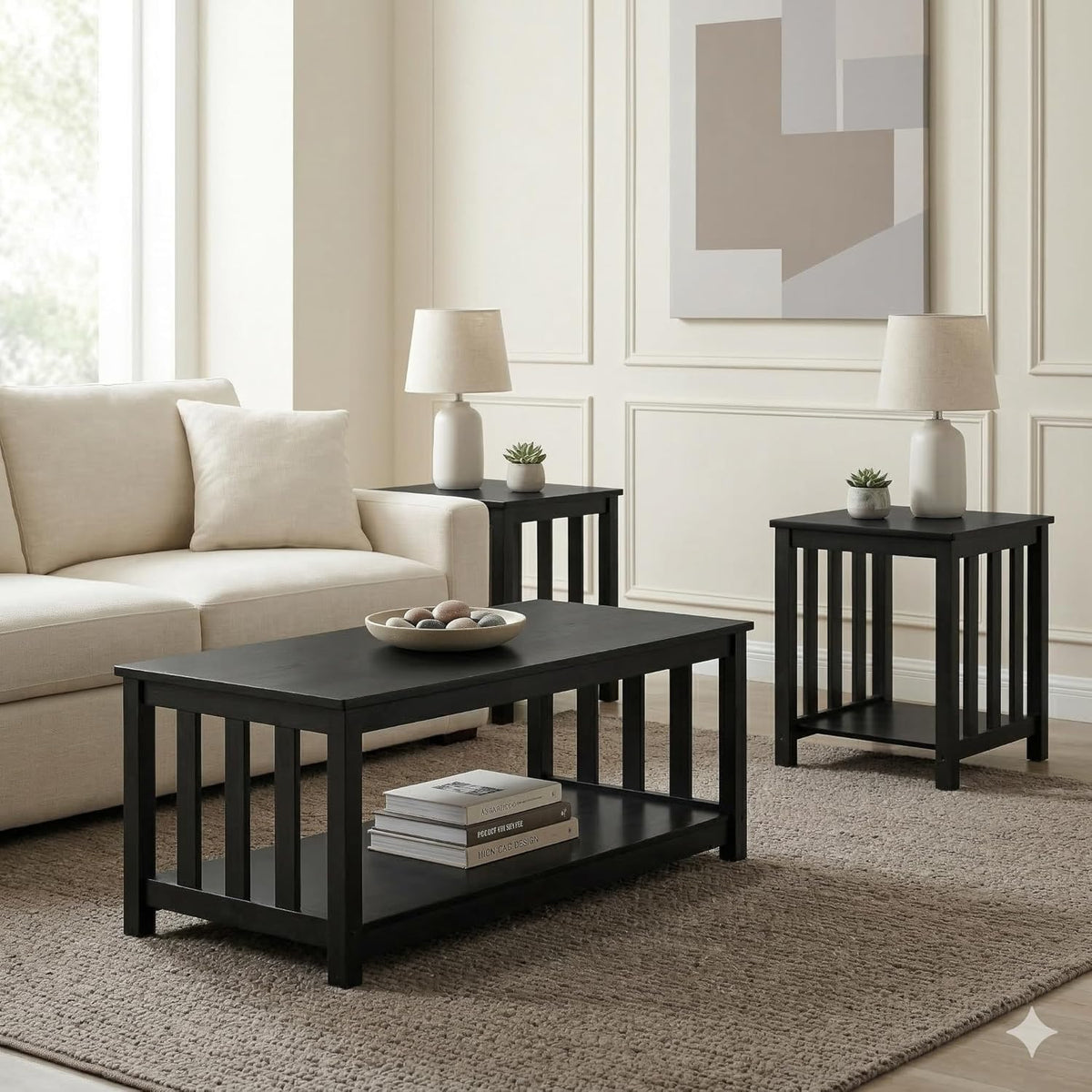HOME DESIGN Ottawa 3 Piece Coffee Table Set with 2 End Tables and Lower Shelf Storage, Black