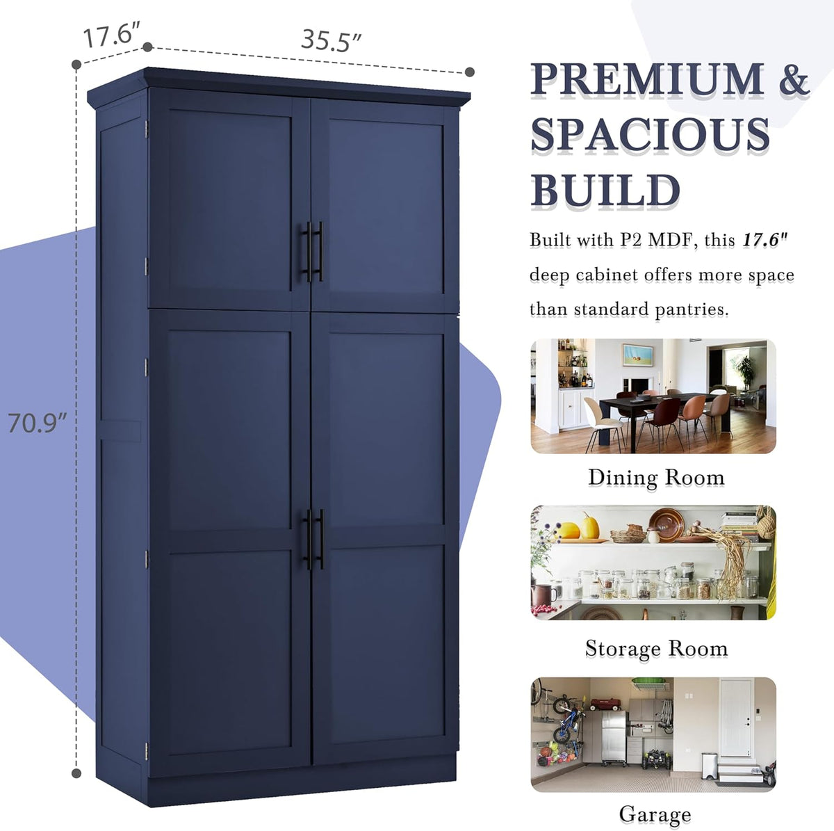 roomfitters 71 Inch Freestanding Kitchen Pantry with 8 Pull-Out Trays and Door Shelves, Shaker Cabinet, Blue
