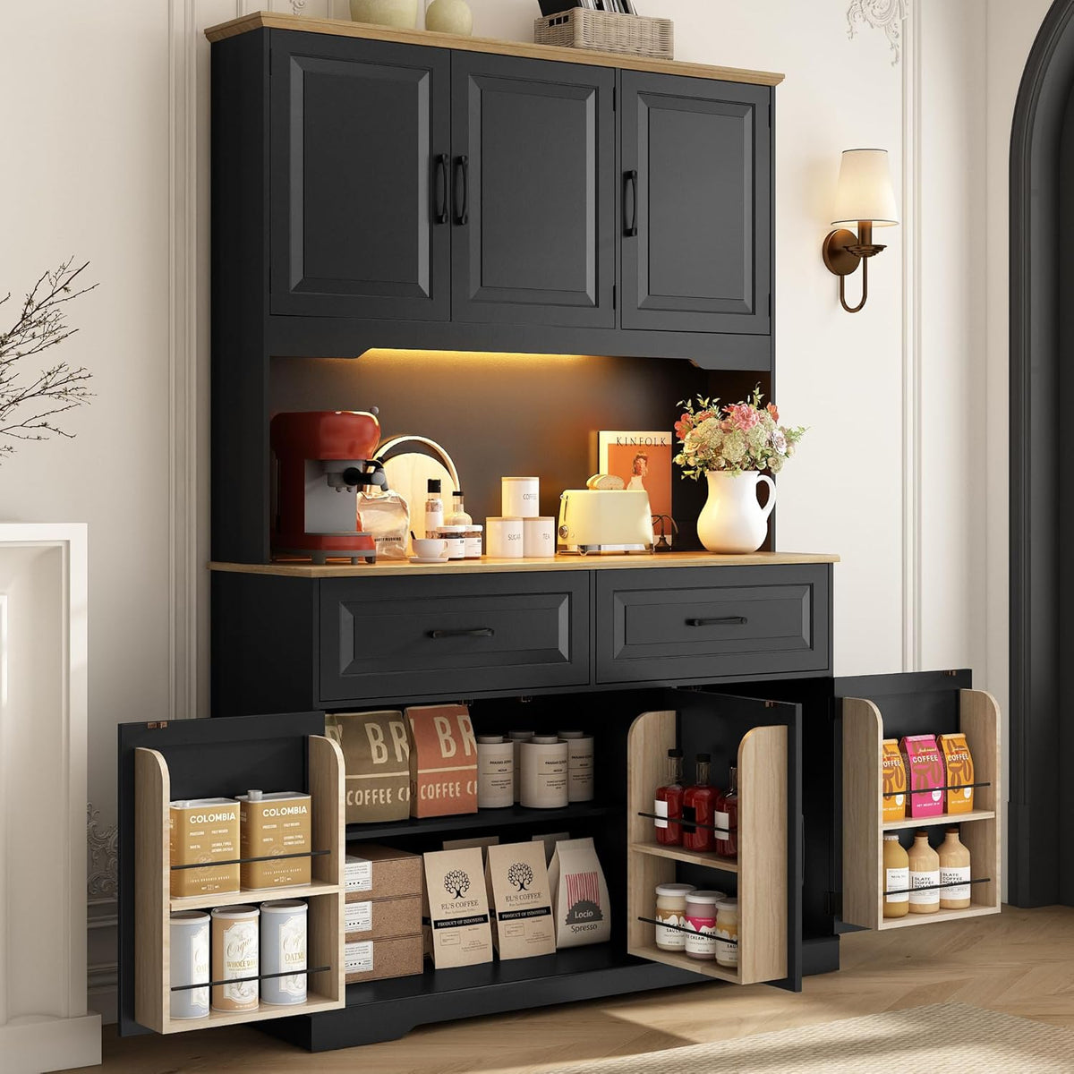 71" Tall 47" Wide Large Pantry Storage Cabinet w/ Power Outlet,LED Light,Farmhouse Kitchen Hutch Food Pantry Cabinet,2 Drawer,8 Doors Shelves,Open Countertop for Kitchens,Dining Room,Black