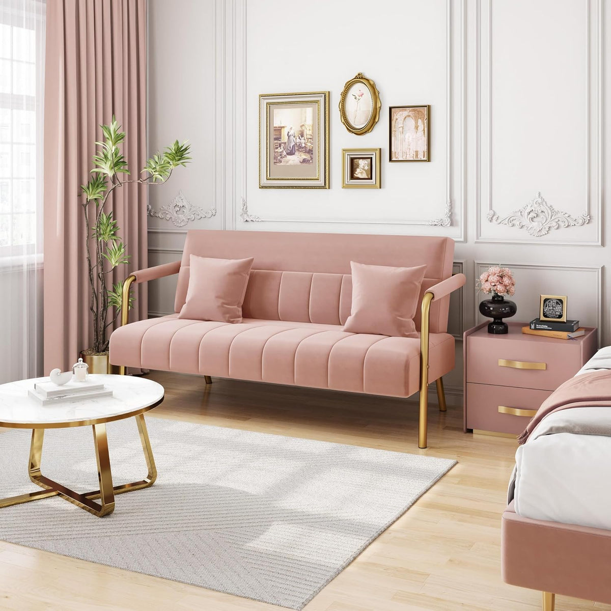 Yaheetech 56.5" Smal Sofa 2 Seater Couch with Gold-Tone Legs, Pink | Small Sofa Loveseat Velve 2 Seater Couch with Tufted Back Gold Metal Frame 2 Pillows for Office, Studio,Living Room