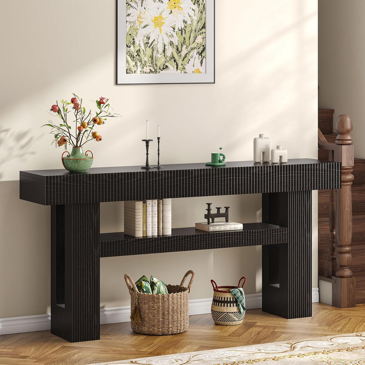 Bigbiglife 63" Fluted Console Table, Black | 2-Tier with Storage Shelves, Narrow Long Wood Design, For Entryway, Living Room, Hallway, Behind Couch or Sofa Table