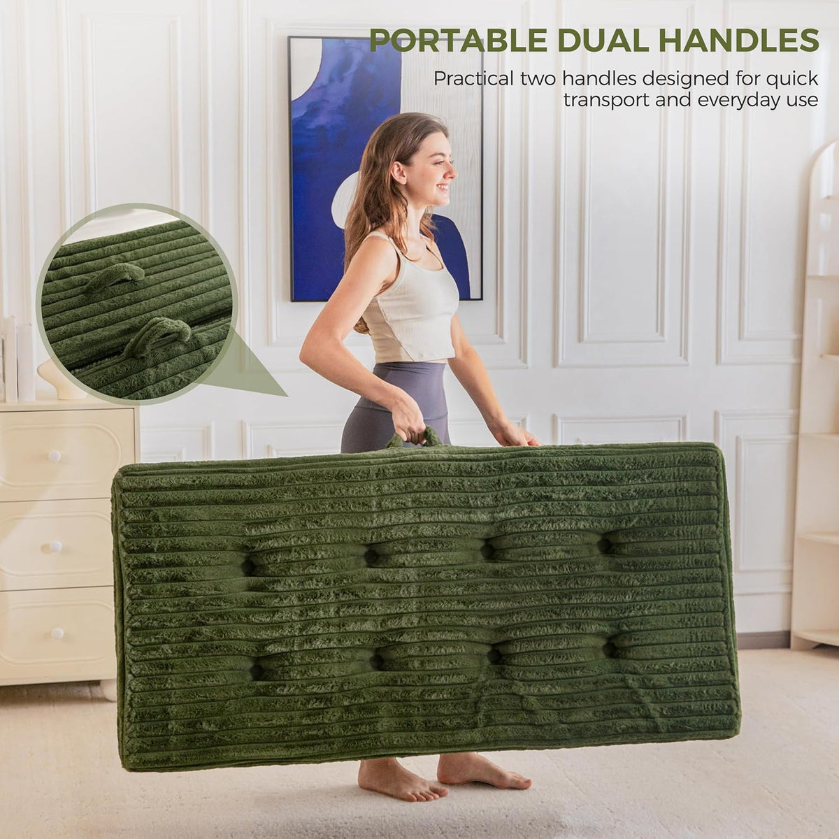 MAXYOYO Floor Sofa Couch, 6 Inch Tri-Fold Floor Sofa Bed, Folding Mattress with Handles, Soft Faux Fur Folding Bed with Supportive Foam Filling, Portable Couch for Living Room, Full, Dark Green