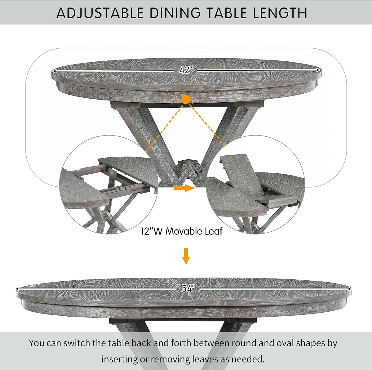 Merax Extendable Round Dining Table Set for 4, Farmhouse Kitchen Table Set with 4 Upholstered Chairs for Kitchen, Dining Room, Living Room, Grey