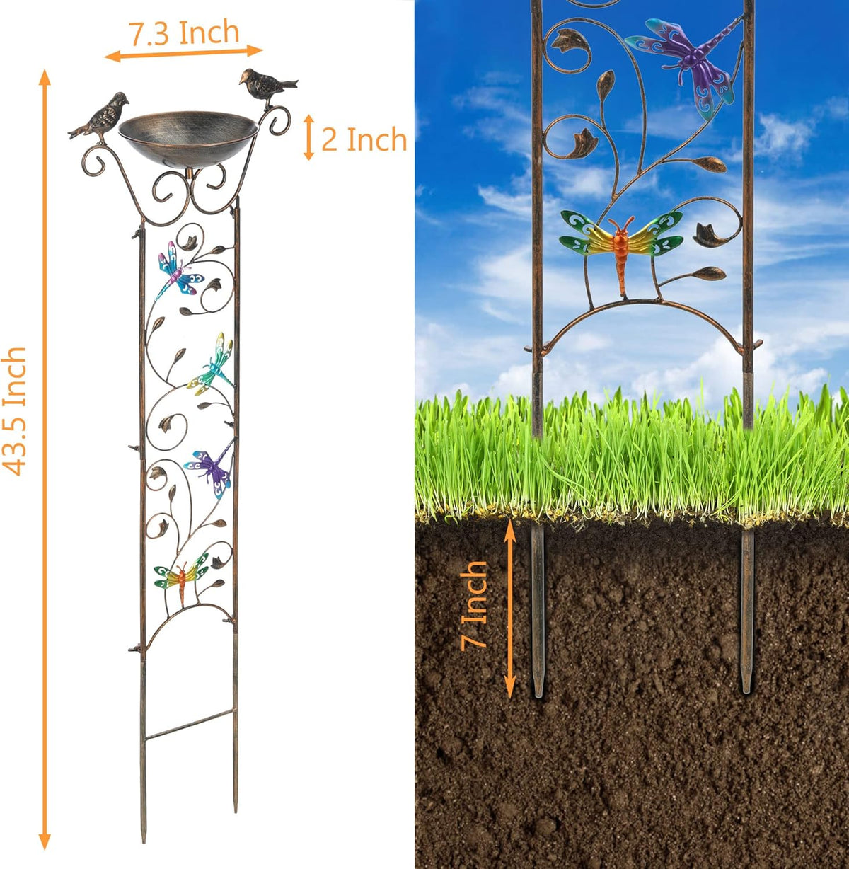 SUNNYPARK Bird Bath with Trellis Outdoor, Antique Garden Iron Plant Trellis with Decorative Dragonfly Detachable Bird Bath Bowl Metal Potted Plant Support for Climbing Flowers