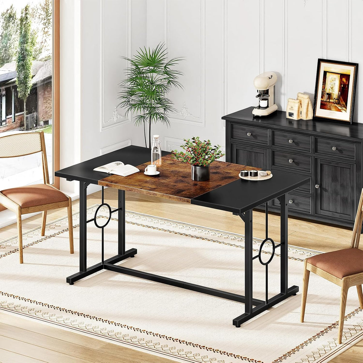 HOOBRO Dining Table, Wooden Kitchen Table for 4-6, Rectangular Dining Room Table with Sturdy Metal Legs, Long Dinner Tables with Large Tabletop for Living Room Kitchen, Rustic Brown and Black BF20CZ01