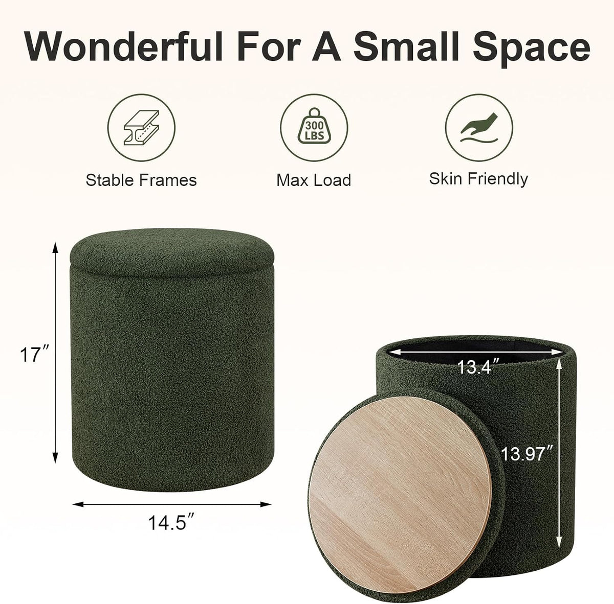 Joveco 14.5" Small Ottoman with Storage, Teddy Velvet Foot Rest Stool with Reversible Wood Tray Lid, Round Storage Ottoman Coffee Table, Vanity Stool for Living Room, Olive Green
