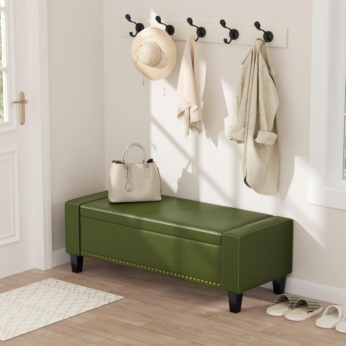 AKMAKM 49''W Storage Ottoman Bench, 30 Gallons End of Bed Bench, Faux Leather, Mid Century Modern, Upholstered Bench with Storage and Seat for Entryway, Living Room, Holds up to 350 lb, Green