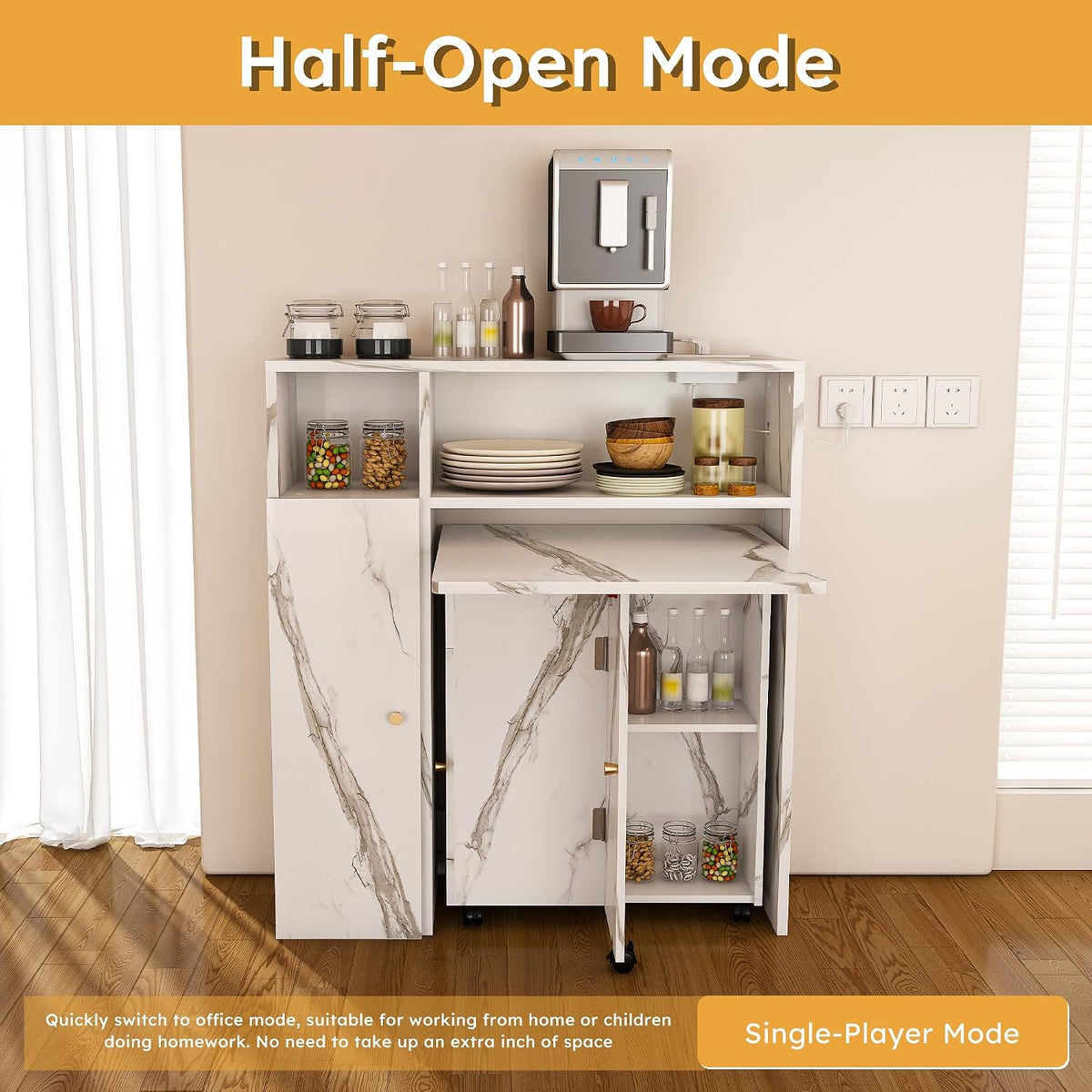 Multifunctional Folding Dining Table with Wall-Mounted Sideboard & Storage, 37.4" Folding Kitchen Island with Wheels, Modern Movable Kitchen Extendable Versatile Table for Small Space White