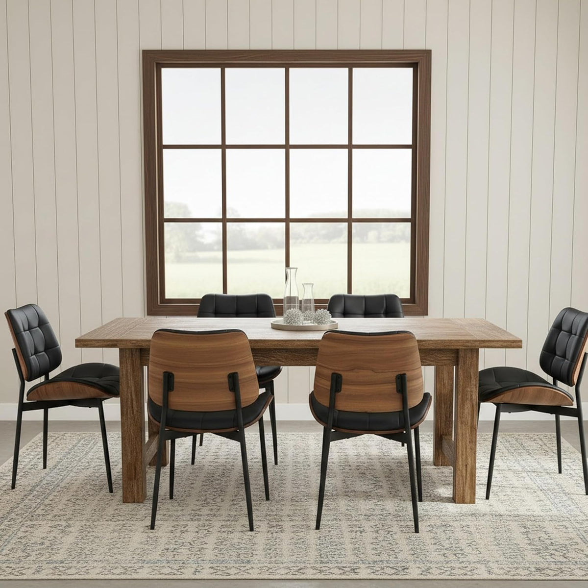 Upholstered Dining Chairs Set of 6, Mid Century Modern Faux Leather Dining Chairs with Walnut Bentwood Back and Metal Legs for Dining Room, Restaurant, Café, Black