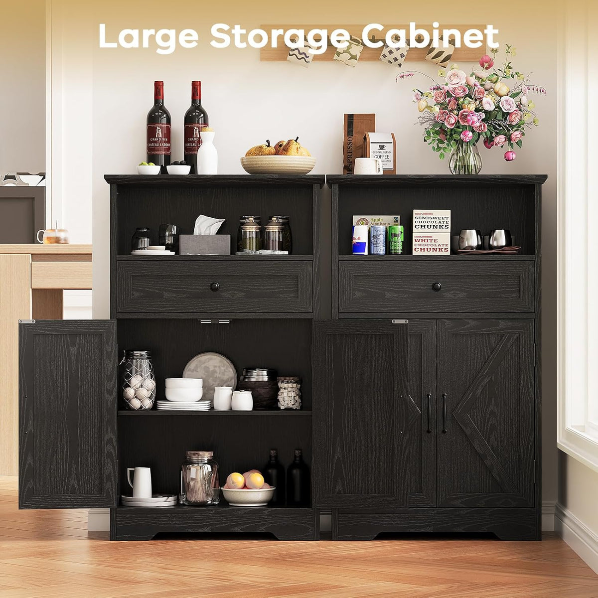 Floor Cabinet, Farmhouse Storage Cabinet with Barn Doors and Drawer, 11.81" D x 23.62" W x 39.37" H Black Freestanding Adjustable Shelf Organizer for Bathroom, Kitchen, Living Room