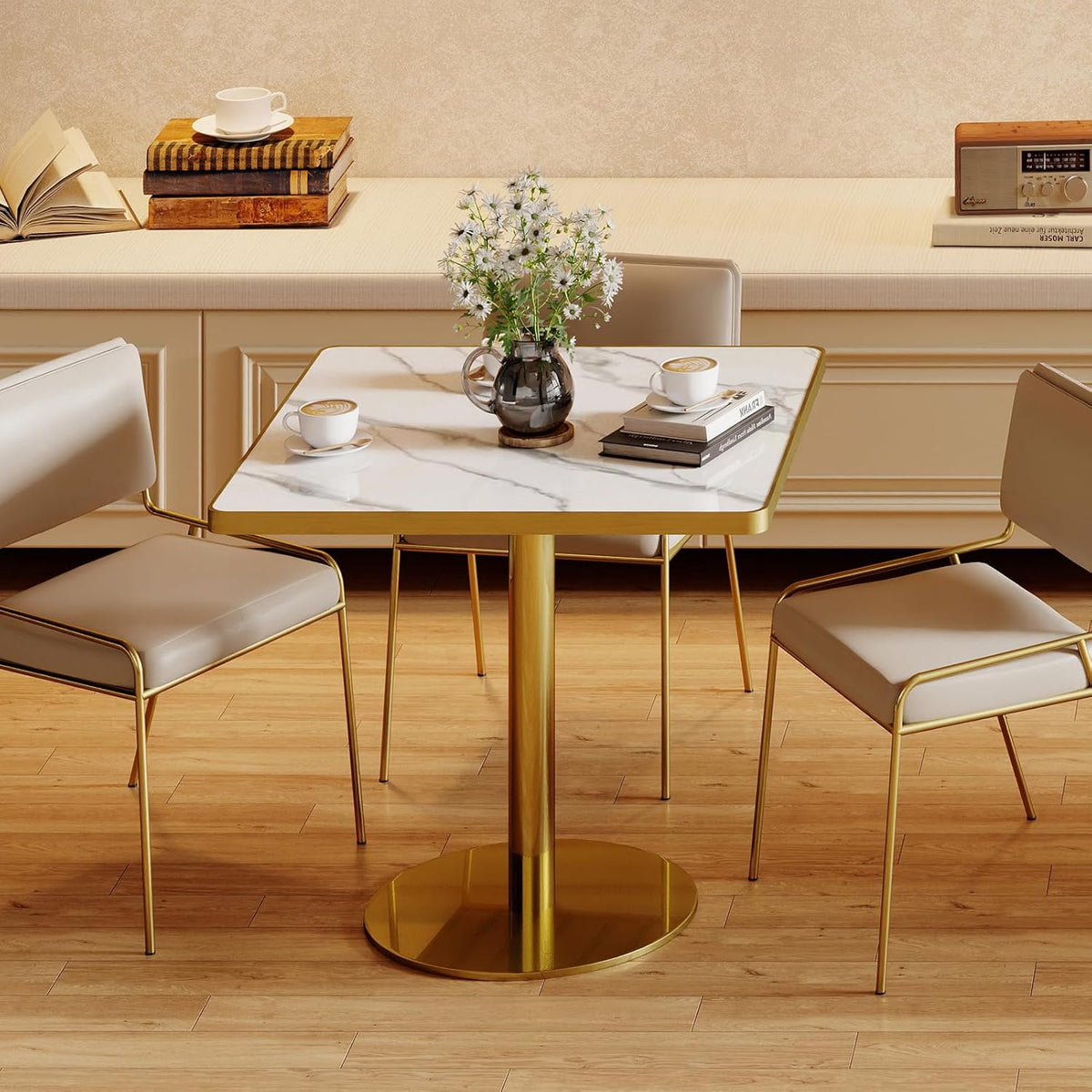 31.5'' Square Modern Dinning Table with Sintered Stone Tabletop, Golden Edge & Pedestal Base, Bistro Tulip Table for 2-4 Person for Dining Room/Cafe/Small Spaces/Restaurant (Snow Peak Marble)