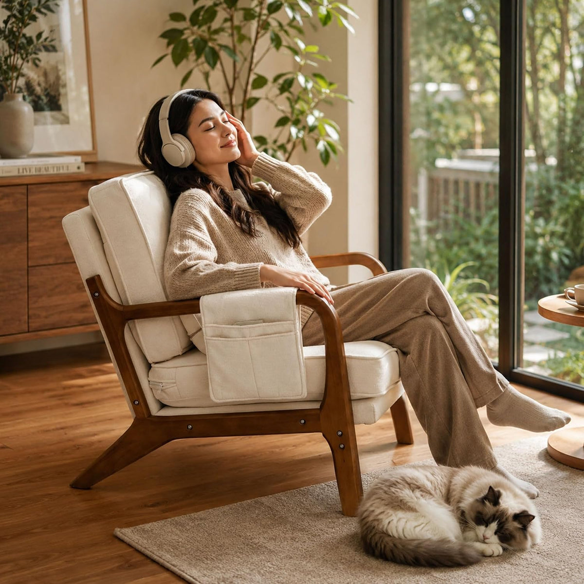 1 PCS Accent Chair for Living Room, Mid-Century Modern Armchair with Solid Wood Frame and Side Pocket, Upholstered Reading Chair for Bedroom, Small Spaces, Apartment, Beige