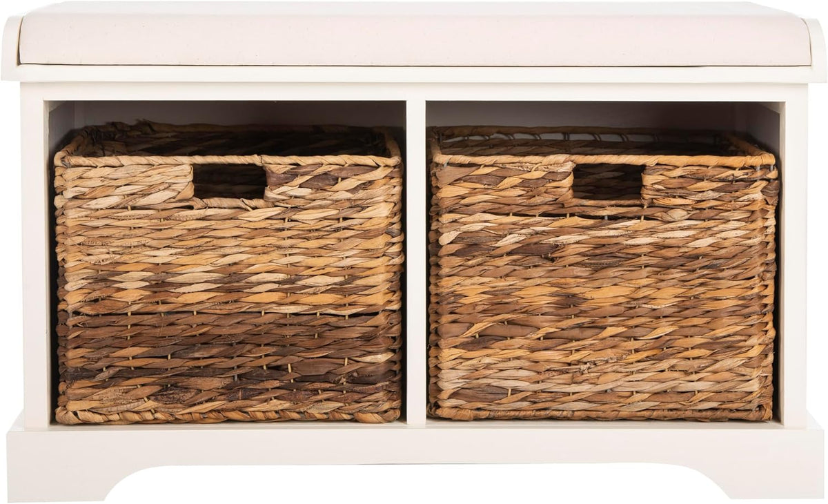 SAFAVIEH Furniture - Freddy 2-Basket Storage Bench - Vintage White - Solid Wood - Coastal Basket Storage Design - Ideal for Entryway, Living Room, Hallway, 18" Seat Height - Fully Assembled (AMH5736D)