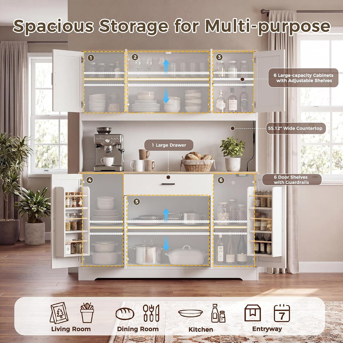 FUQARHY 71" Kitchen Pantry Storage Cabinet, Tall Kitchen Hutch with Charging Station, 55" Wide Large Food Pantry Storage Cabinet with LED Light, Drawers and Adjustable Shelf for Dining Room (White)