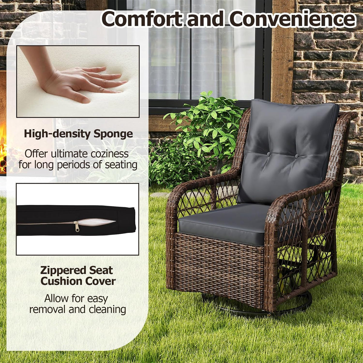 Tangkula 3 Pieces Outdoor Swivel Rocker Set, Rattan Wicker Patio Rocking Cushioned Chairs Set of 2 with Small Side Table, for Backyard, Poolside, Balcony, Lawn, Deck