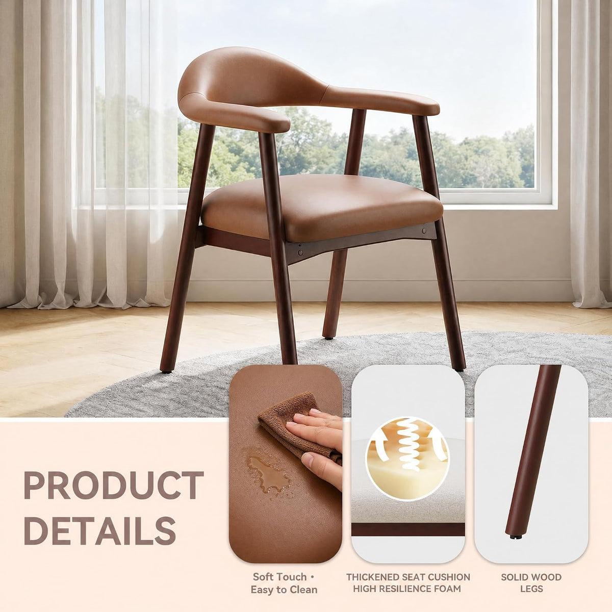 MALOL Leather Dining Chair with Armrest Set of 2, Upholstered Dining Room Chair with Curved Back and Wood Legs, Mid Century Modern Kitchen Chairs for Kitchen Dining Room,Brown