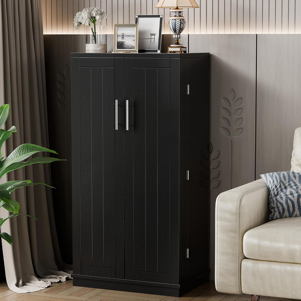 Shintenchi 47'' Kitchen Pantry Cabinet, 5-Layer Storage Cupboard, Black | Adjustable Shelves, for Organizing and Storing Food Items, Versatile Buffet Sideboard, for Kitchen, Bathroom and Laundry
