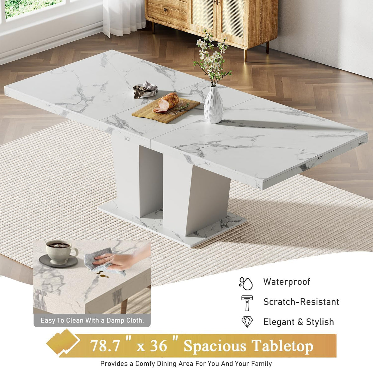 7-Piece Extendable Dining Table Set for 6-8 People 63-78 Inch Kitchen Table Set with 6 Beige Upholstered Chairs Modern White Faux Marble Rectangular Dining Room Table Set for Kitchen Apartment