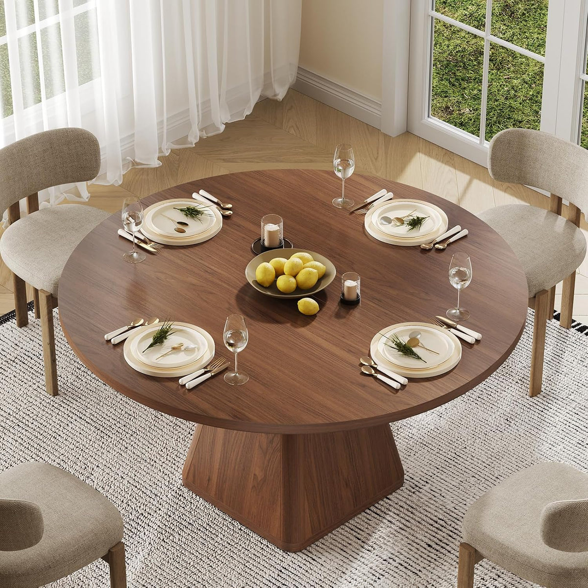 47 Inch Round Dining Table for 4-6, Circle Kitchen Table with Thickened Tabletop, Modern Dining Room Tables with Square Pedestal Base, Dinner Tables for Kitchen Small Space, Walnut (Table Only)