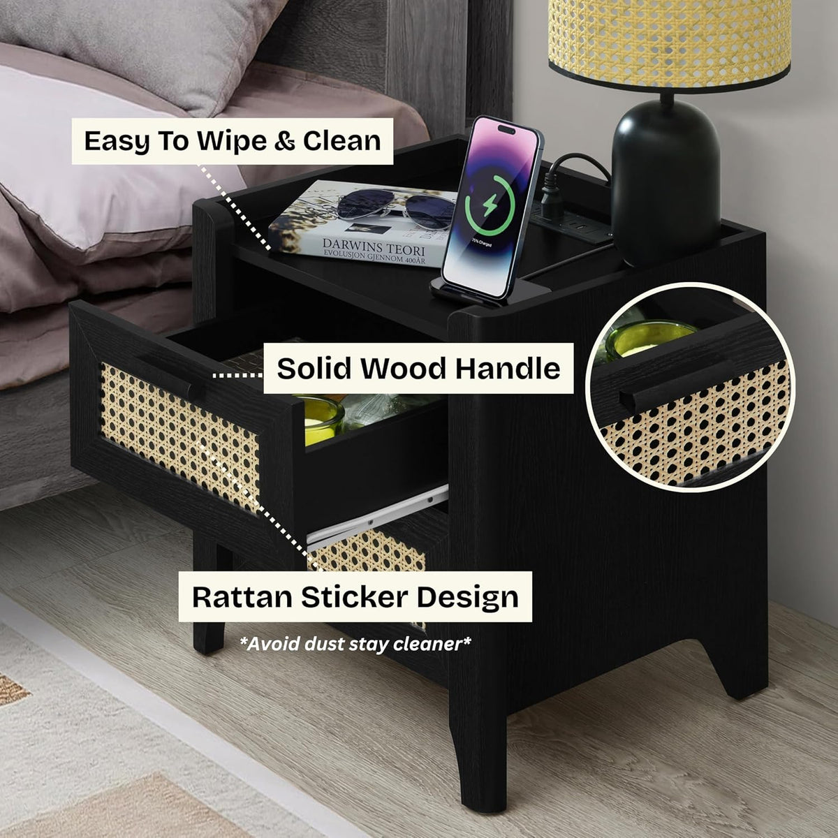 ELISA HOME Rattan-Inspired 2 Drawer Nightstand with Charging Station, Bedside Table with Drawers, Night Stand for Bedroom, End Table or Side Table for Living Room, 15.5" D x 18.9" W x 21.7" H, Black