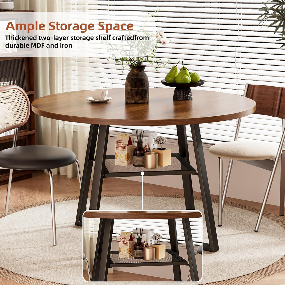 47 Inch Round Dining Table for 4-6, Space Saving Circle Kitchen Table with Storage, Mid Century Modern Dinner Table with Metal Legs, Wooden Farmhouse Dining Room Table for Living Room, Walnut