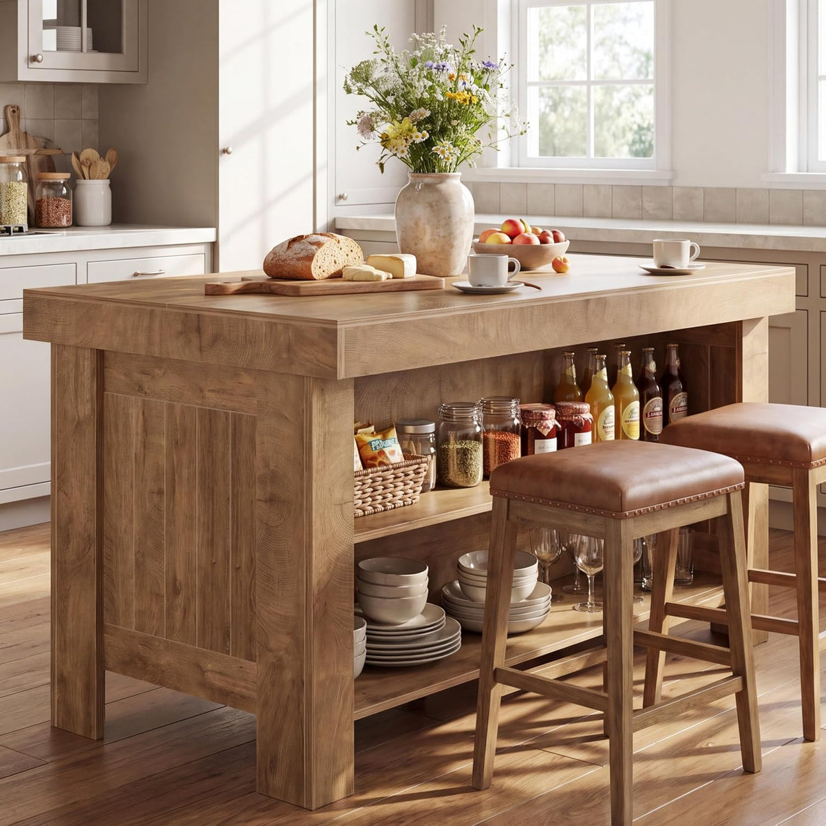 Tribesigns 55" Kitchen Island with Storage & Seating (Natural Brown | Farmhouse Wooden Island with Stationary Worktop, Open Shelves, and Legroom, Dining Prep Station for Home Kitchen