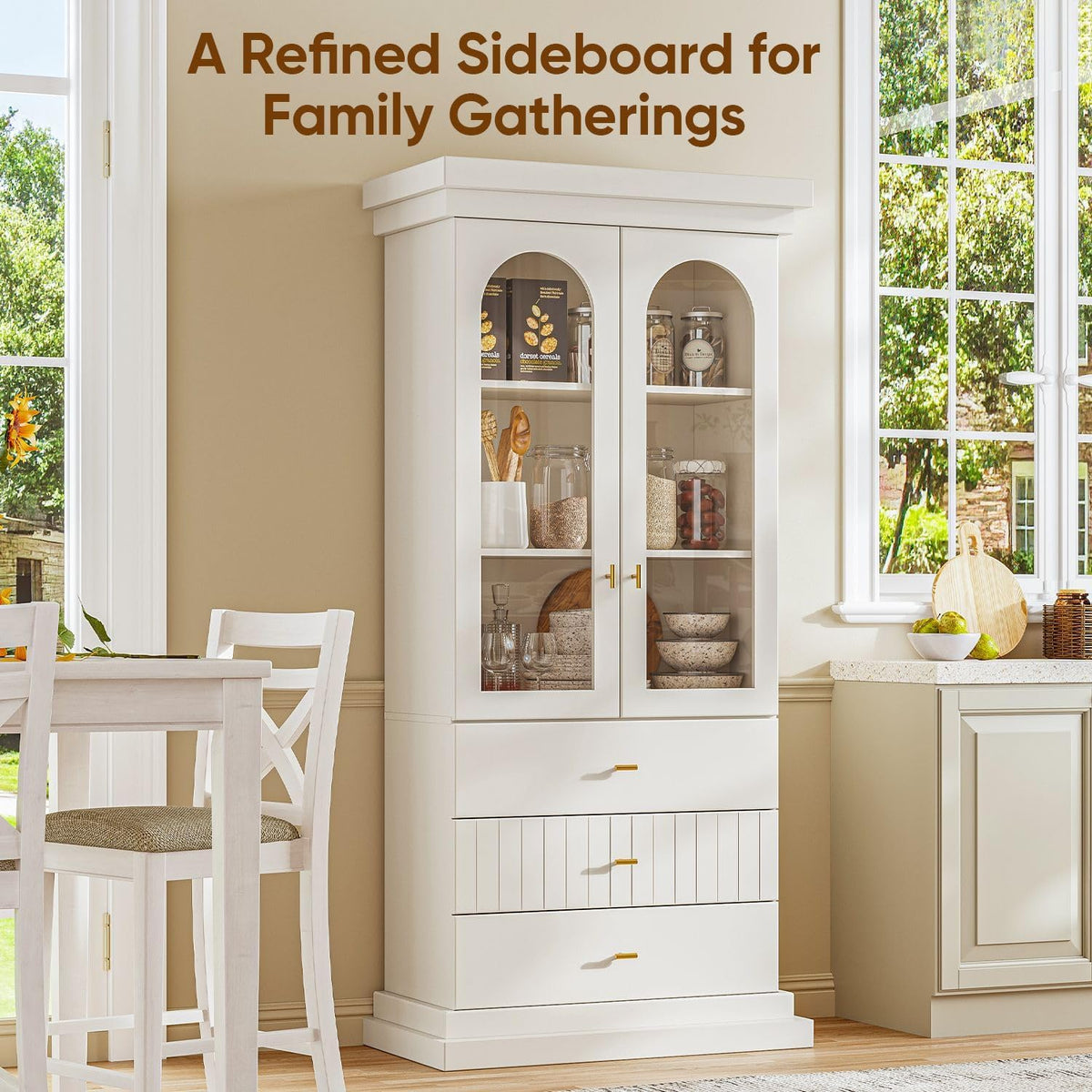 Vyre 71" Arched Kitchen Cabinet, Double Glass Door Display and Storage Cabinets with Drawers, Modern Pantry for Dining Room or Living Room, White with Gold Handles, 2 of Set