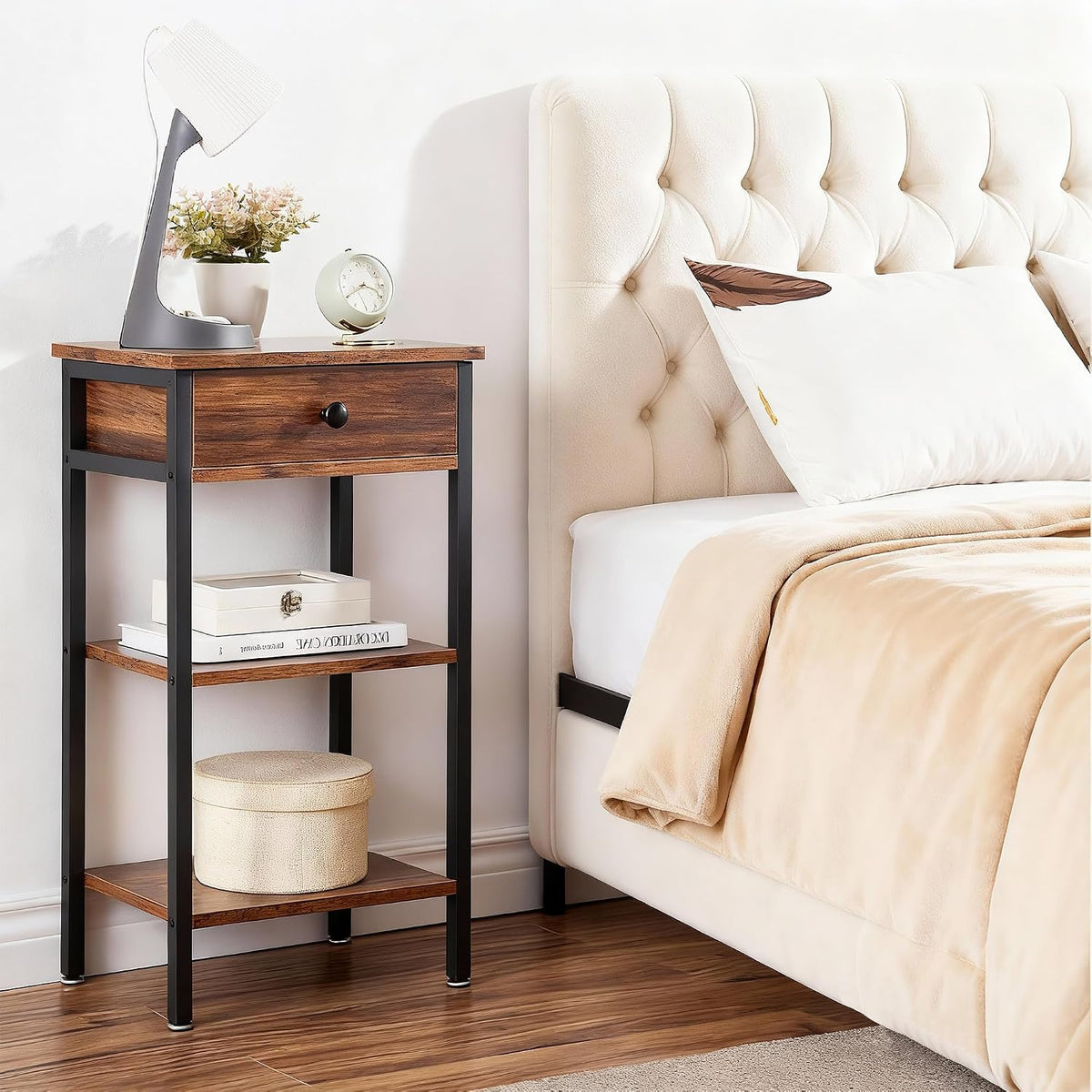 VECELO Tall End Table Set of 2,Nightstand with Drawer and Adjustable Storage Shelf,27.6 inch Side Table for Living Room/Bedroom/Entryway Small Spaces