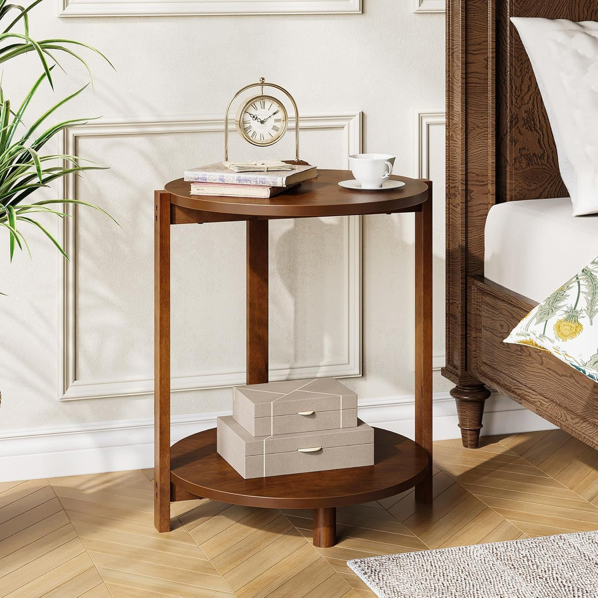 Solid Wood Side Table for Living Room, Small Round End Table with 2-Tier Storage, 19-Inch Wooden Circle Retro Nightstand, Accent Furniture for Small Spaces, Bedroom, Apartment, Brown