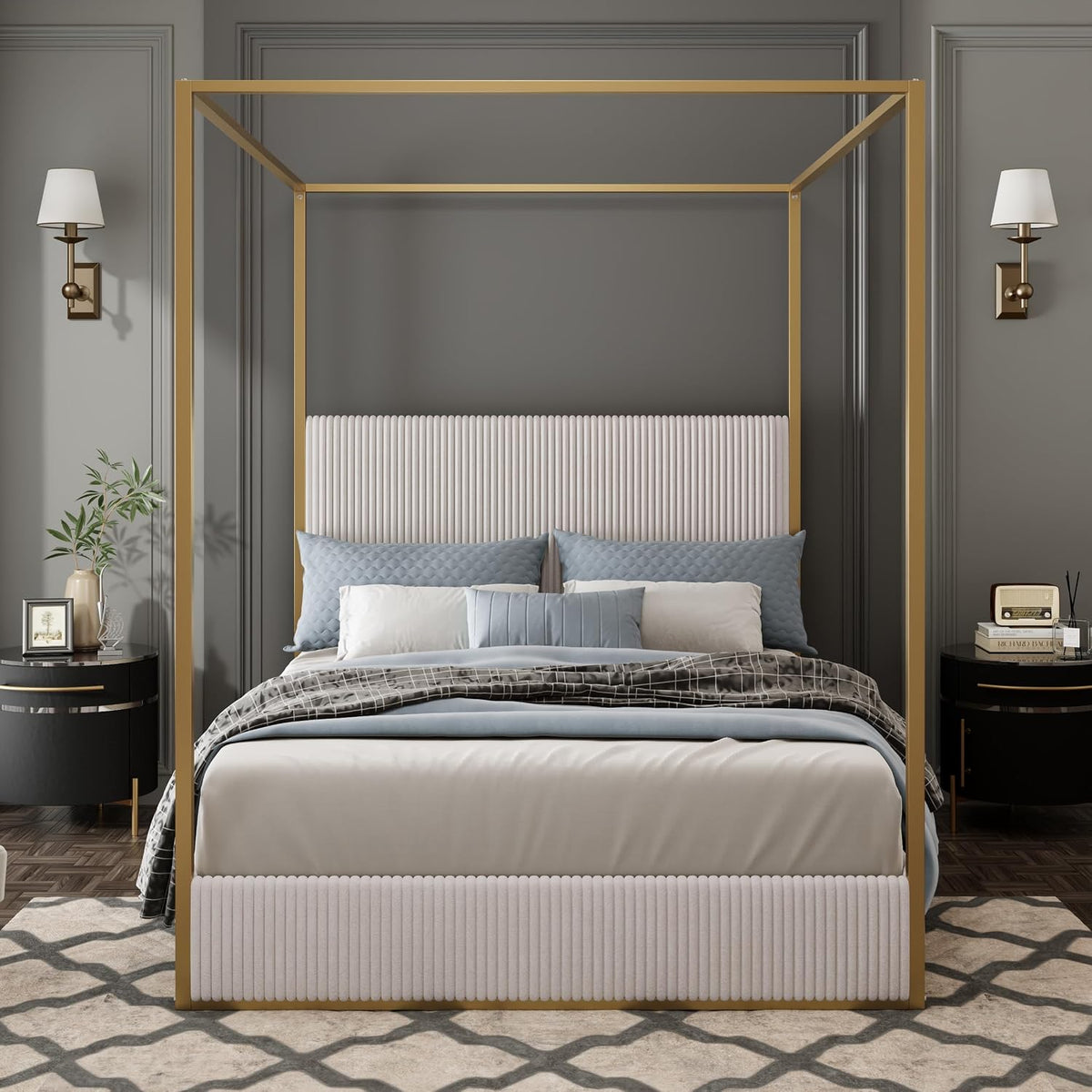 Modern Luxury 4-Poster Canopy Platform Bed King Size with Velvet Upholstered Tall Headboard, Metal Canopied Design Platform Bed Frame with Strong Slats Support (Beige+Gold-King)