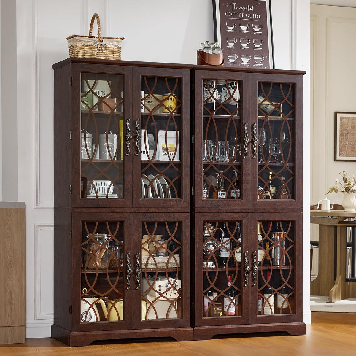 Joaxswe 67" Tall Pantry Cabinet, Wood Kitchen Pantries Cabinets with Glass Doors & Adjustable Shelves, Freestanding Vintage Cupboard with Large Storage for Dining Room, Bathroom, Walnut