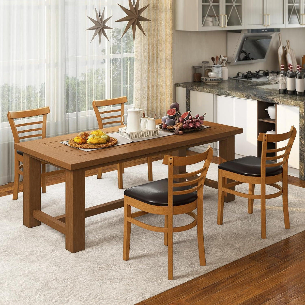 KOTEK Wooden Dining Chairs Set of 2, Solid Rubber Wood Kitchen Chairs with PU Leather Cushioned Seat and Curved Backrest, Armless Side Chairs for Dining Room, Living Room (Brown & Black)