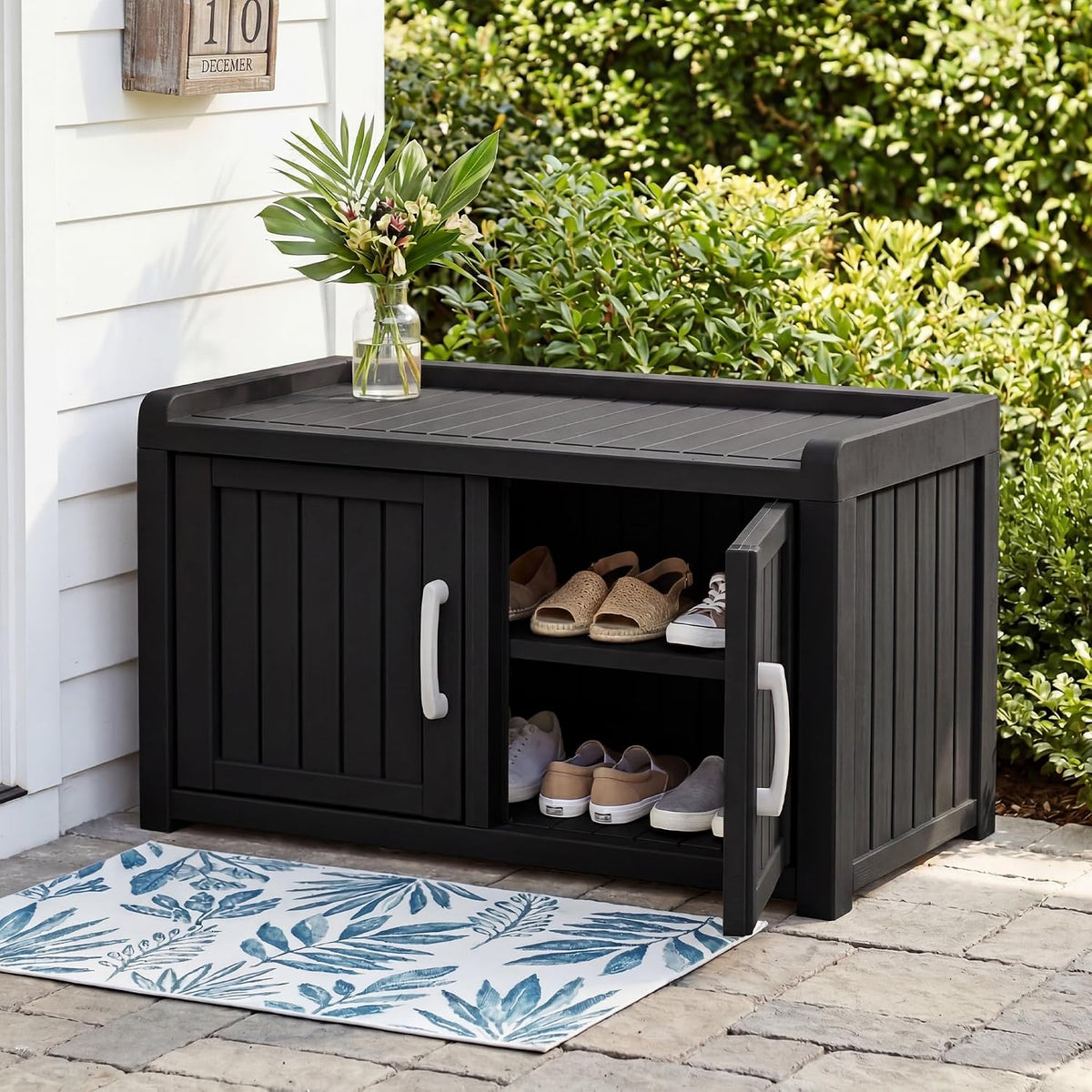 2-Tier Storage Bench, Waterproof UV-Resistant Outdoor Shoe Storage Cabinet ，Outdoor Shoe Rack with 2 Doors & Adjustable Shelves for Indoor Outdoor Entryway, Hallway, Living Room (Black)
