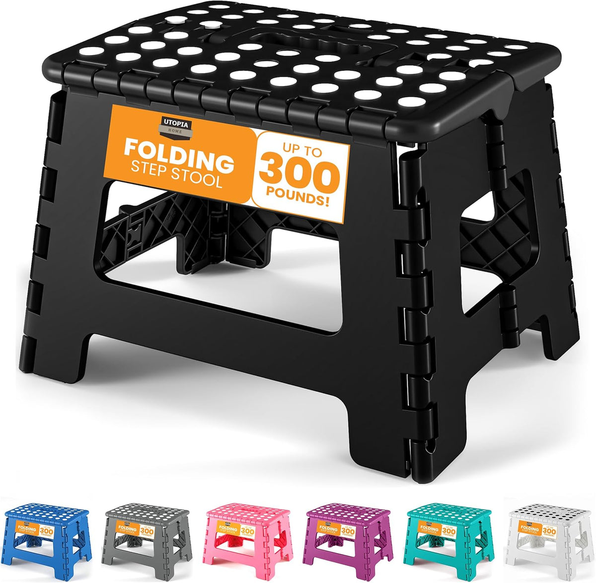 Utopia Home Folding Step Stool 9 Inch, Anti-Slip, 300 lbs, Black | 9-inch foldable step stool with anti-slip surface, built-in handle, and 300 lbs strong plastic support for safe home use.