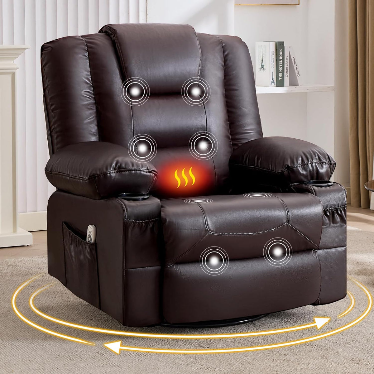 MAHOMICO Swivel Rocker Recliner Chair with Vibration Massage and Heat for Living Room,with Rocking Function and Side Pocket, PU Leather USB Charge Port,2 Cup Holders