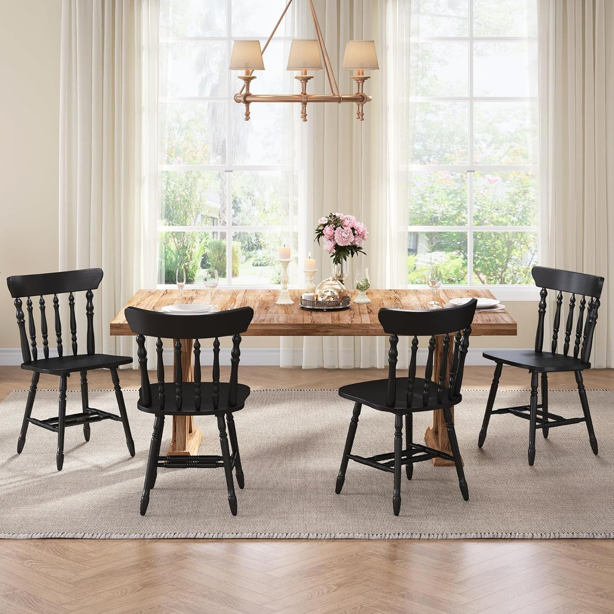 chairus Vintage Black Dining Chairs Set of 6, Farmhouse Windsor Wooden Dining Room Chairs with Turned Spindle Back & Legs, Traditional Colonial Armless Side Kitchen Chairs