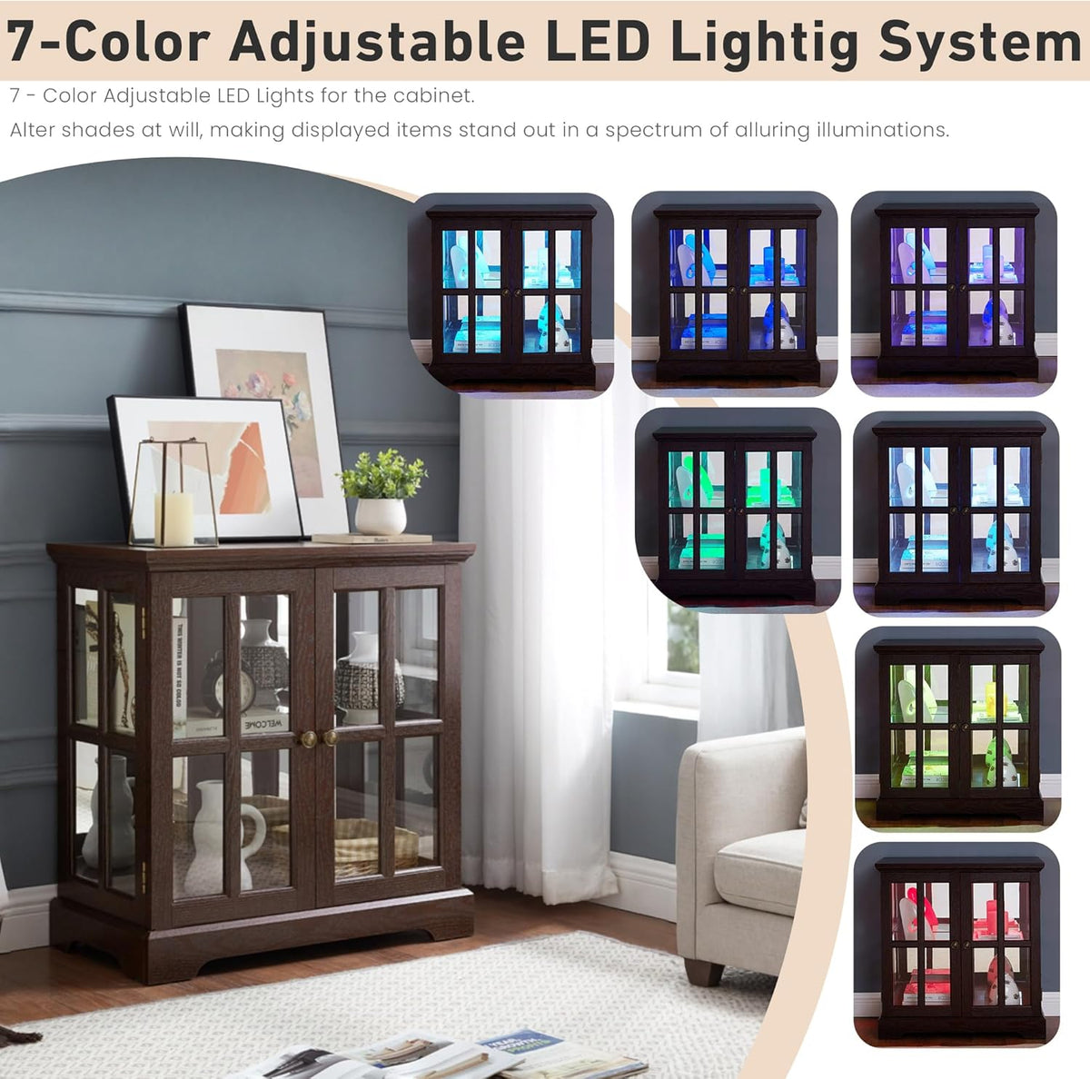 32" H LED Accent Curio Cabinet with 7 Color Lights for Collectibles, Modern Storage Cabinet with Tempered Glass Doors, Sideboard Buffet Case with Smartphone-Controlled Lights (Dark Cherry)