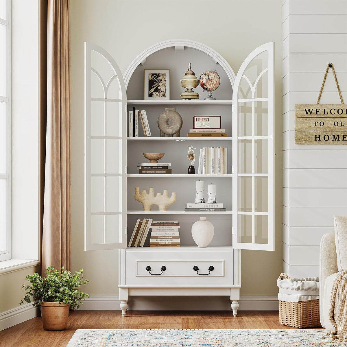 LIVAUVEAD 67" Tall Arched Kitchen Pantry Cabinet with Hidden Drawers & Adjustable Shelves, Bookshelf with Glass Door, Arched Cabinet for Kitchen, Dining Room
