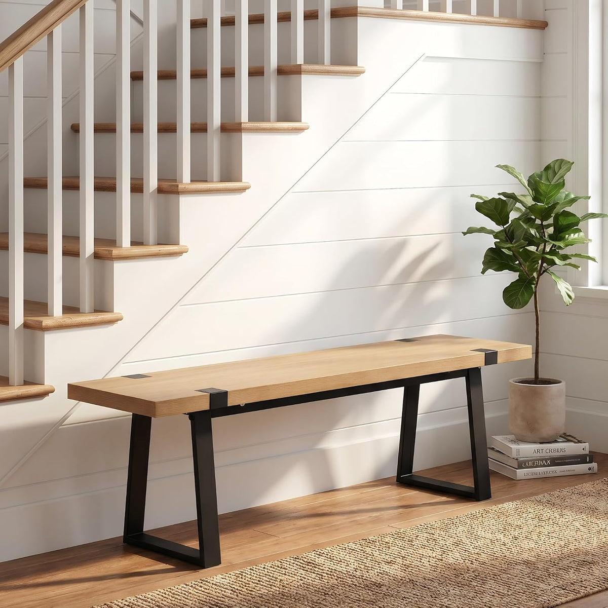 HNY 60" Entryway Bench Wood Dining Bench Bedroom Bench Modern Minimalist Long Slatted Bench for Living Room Hallway, Sturdy Solid Wood with Black Metal Leg Seating for 4-6 People, Natural Finish
