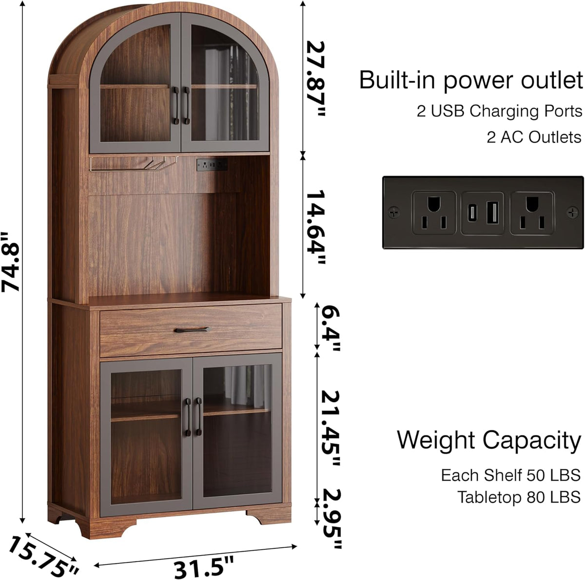 Arched Kitchen Pantry Cabinet, Kitchen Hutch Storage Cabinet with Countertop and Charging Station, Tall Coffee Bar Cabinet with Storage, Dining Room Kitchen Hutch Cabinet with Storage
