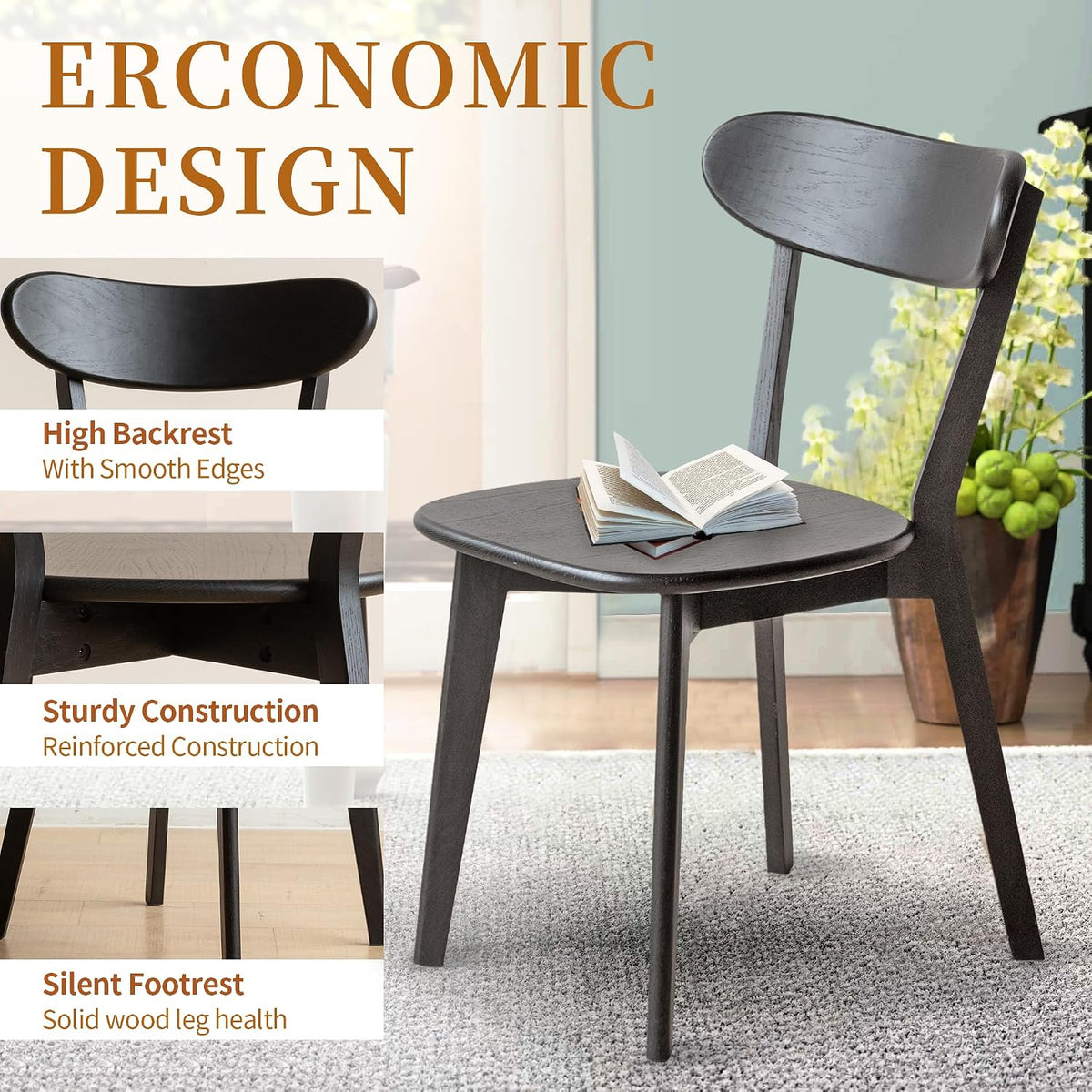Modern Dining Chairs, Solid Oak Wood Dining Chair with Comfortable Backrest, Sturdy Wooden Chairs for Kitchen, Dining Room