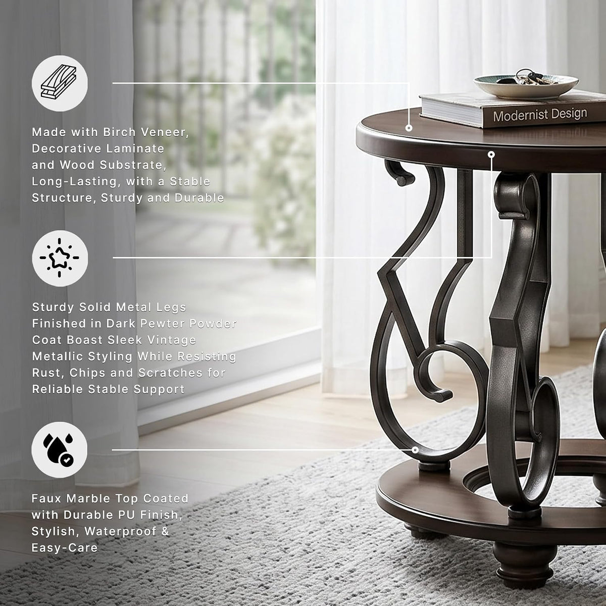 Signature Design by Ashley Frallyn Classic End Table with Curved Metal Supports, Dark Brown & Gray