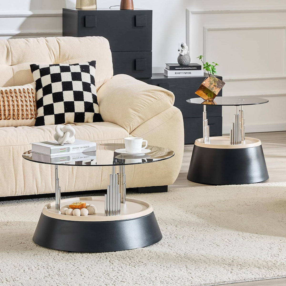 Nesting Coffee Table Set of 2, Modern Round Tempered Glass Center Table | Modern Tempered Glass Side Tea Table with Heavy Duty Metal Disc Base for Small Apartment Space Saving Furniture Décor, Black