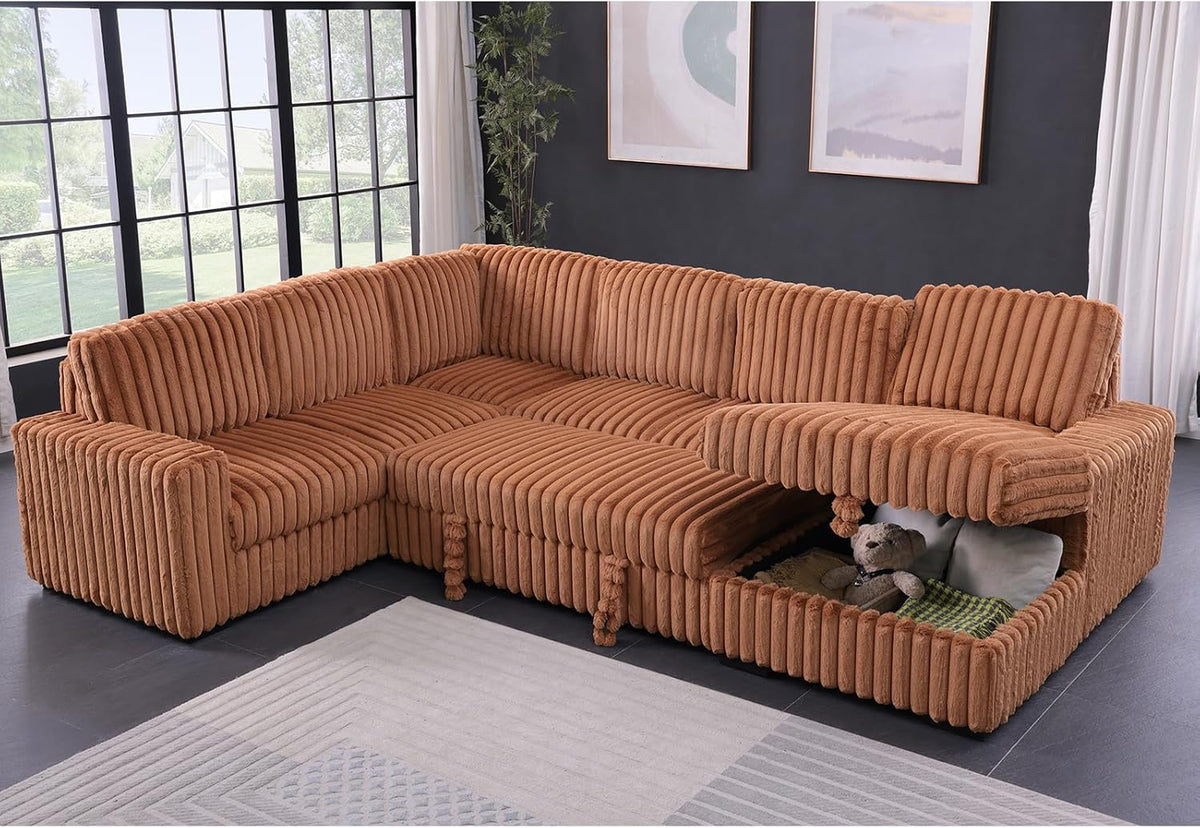122'' Convertible U-Shaped Faux Rabbit Fur Plush Sectional Sleeper Sofa, Upholstered Cloud Couch Pull-Out Sofa Bed with Storage Chaise for Living Room (Orange, 122'' x 95.6'')