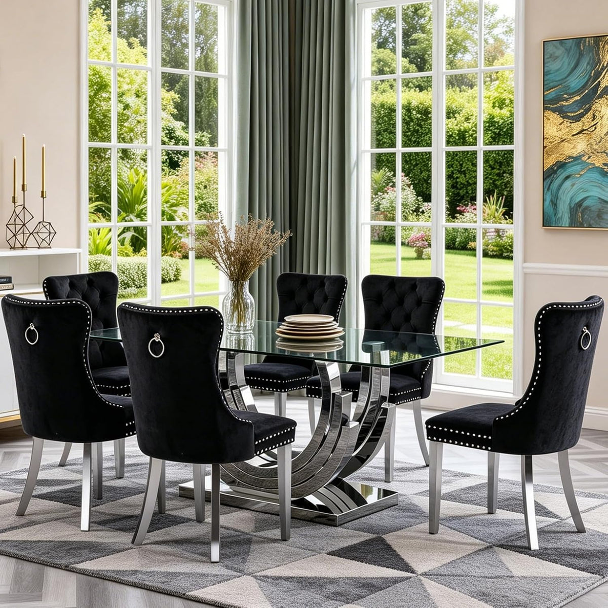 SSLine 7-Piece Silver Glass Dining Table Set for 6, Modern Luxury 70" Glass Dining Room Table with Three-Ring Shape Stainless Steel Base, Elegant Kitchen Table Set with 6 Black Tufted Chairs