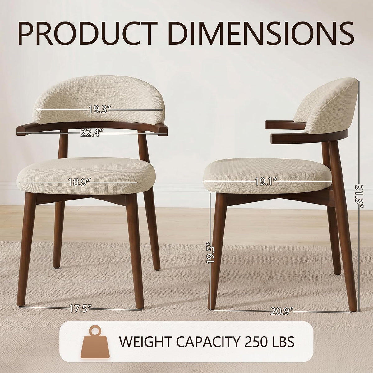 MOJAY Modern Wooden Dining Chairs Set of 2, Upholstered Kitchen Chairs with Unique Arm Design, Farmhouse Dining Room Chairs for Small Spaces & Apartments, Beige