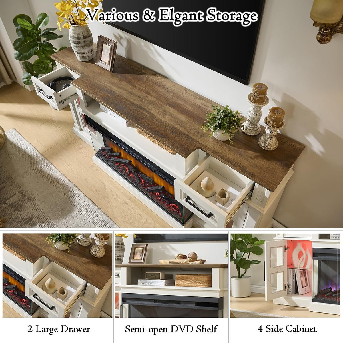 3-Side Fireplace TV Stand for up to 80 Inch TV, LED Entertainment Center with 36 Inch Electric Fireplace, Farmhouse TV Console Table w/Drawers & Cabinets for Living Room, White
